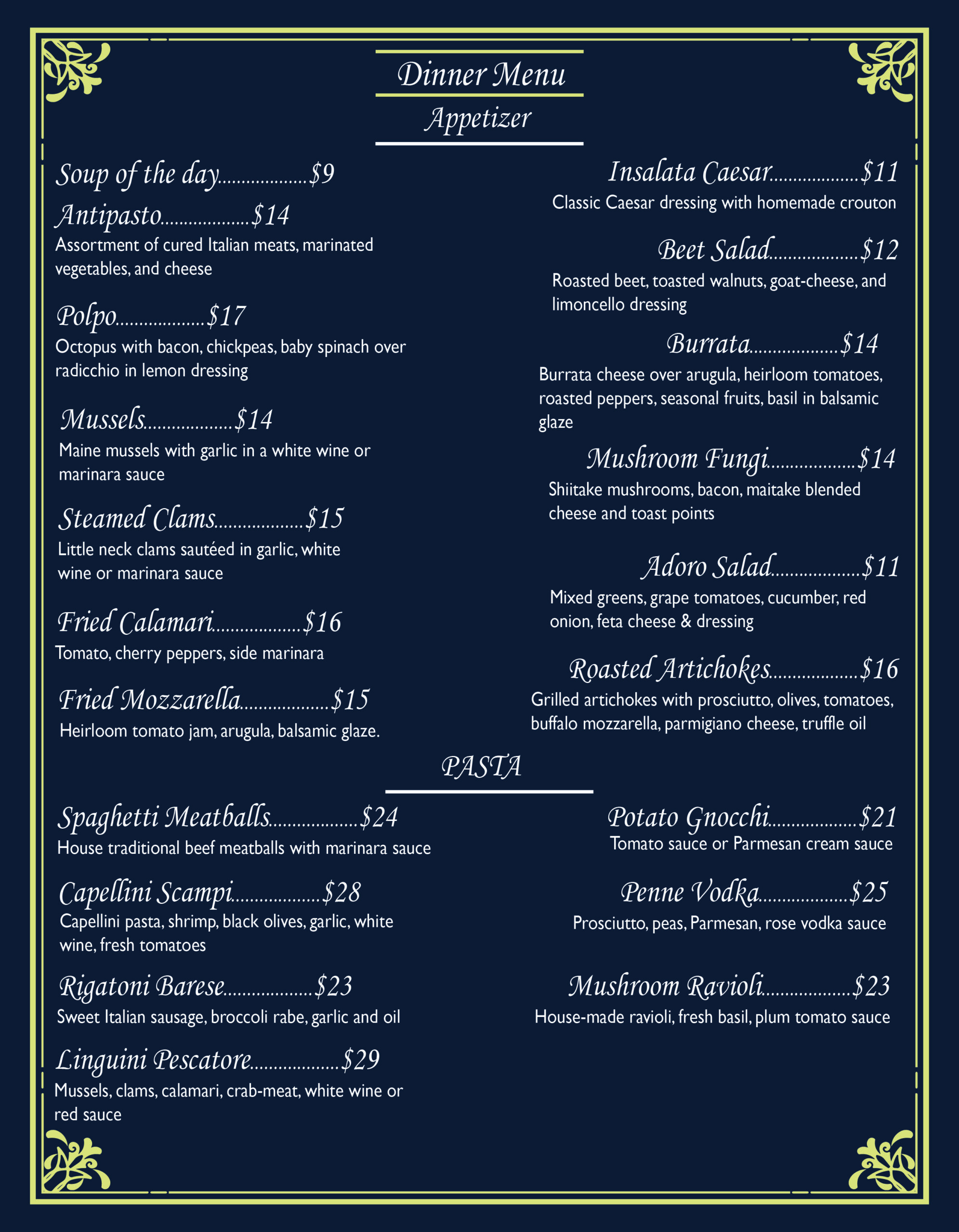 Adoro Bistro printed dinner menu, front, in deep navy with chartreuse accents.