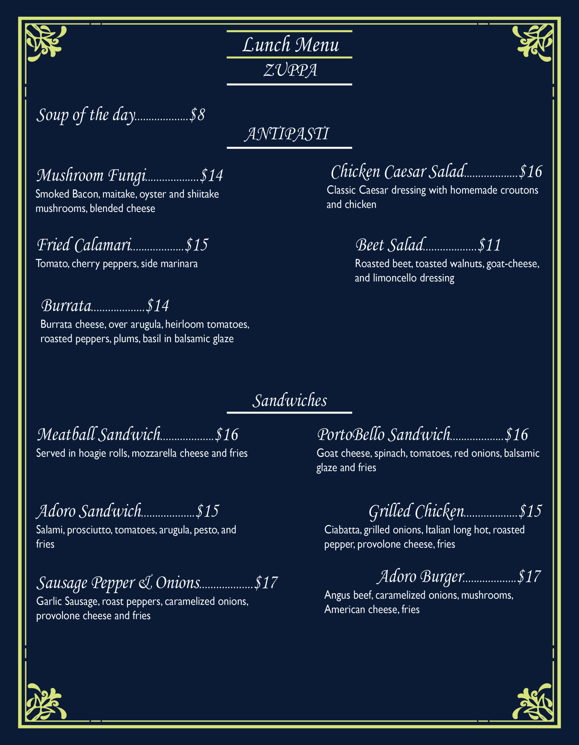 Adoro Bistro printed lunch menu, front, in deep navy with chartreuse accents.