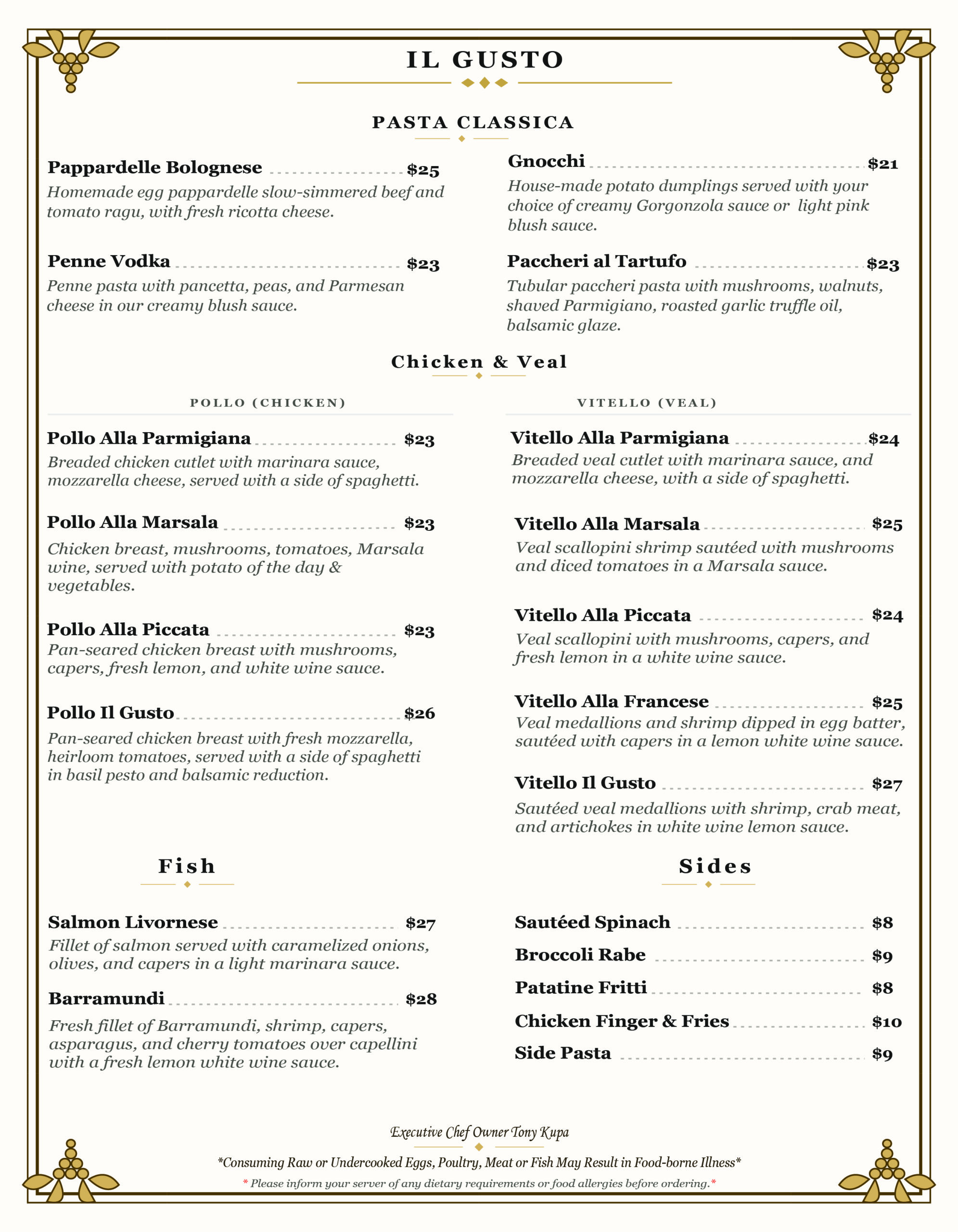 Il Gusto dinner menu, back