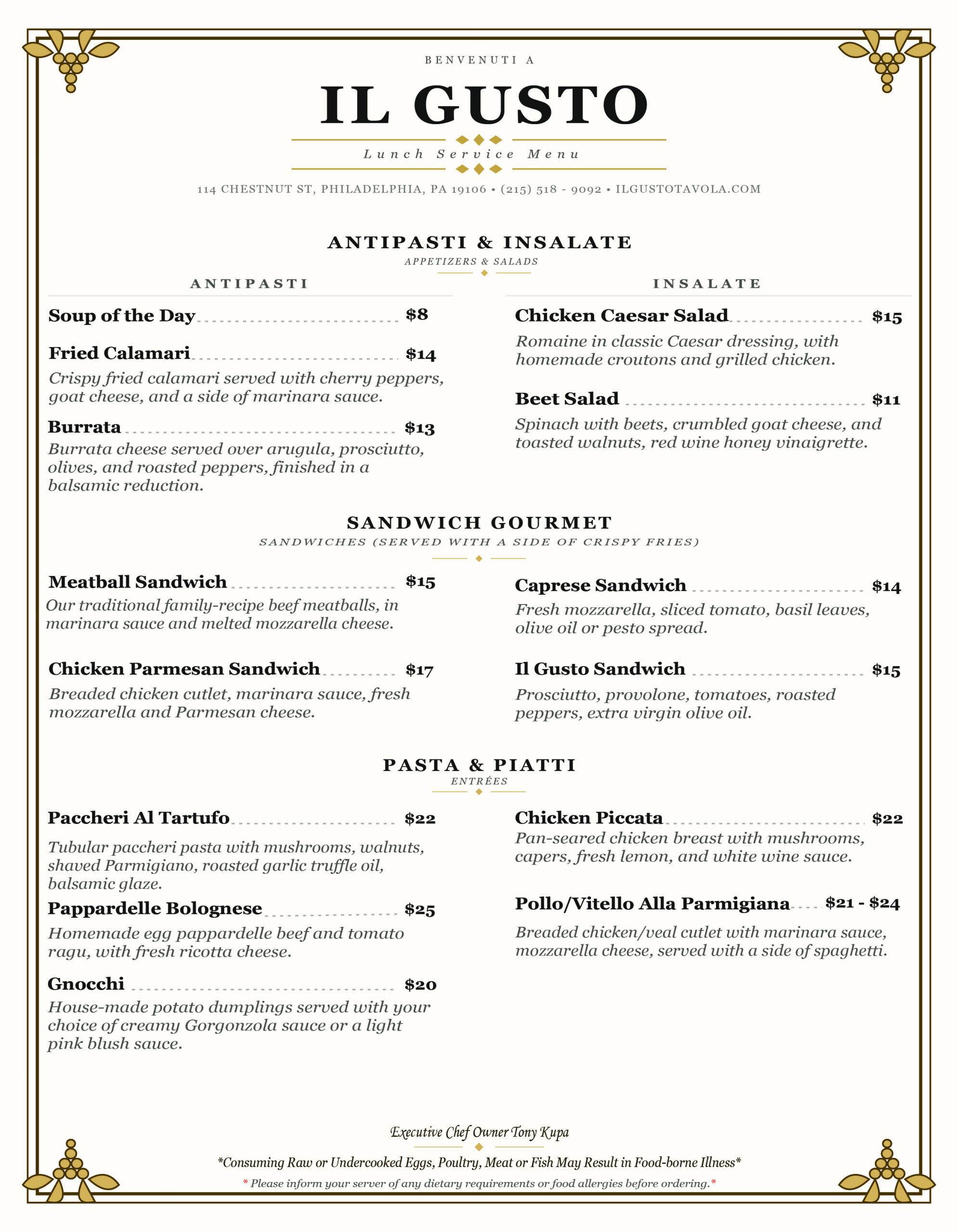 Il Gusto lunch service menu