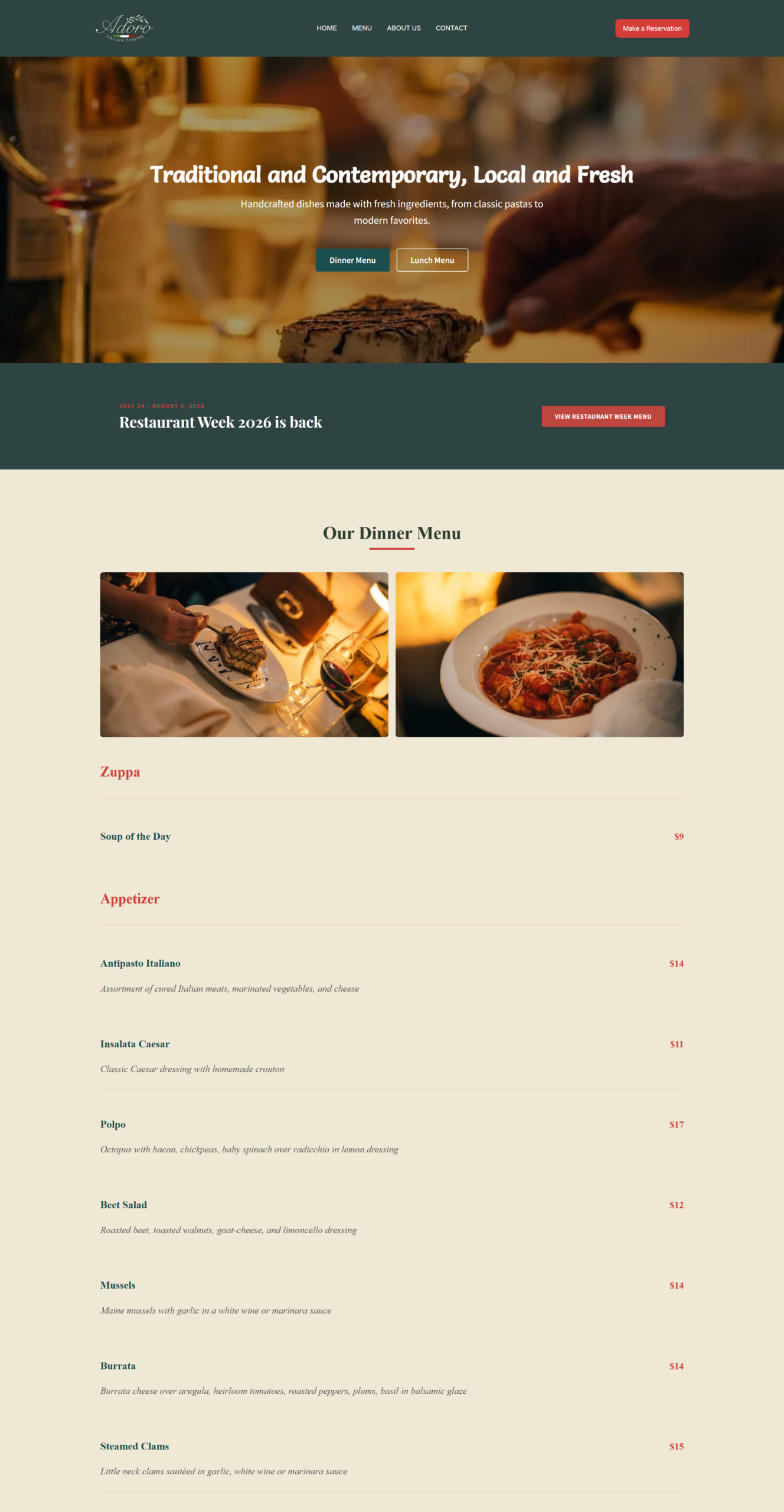Adoro Bistro website on desktop, showing the custom typography and layout overrides on Square Online.