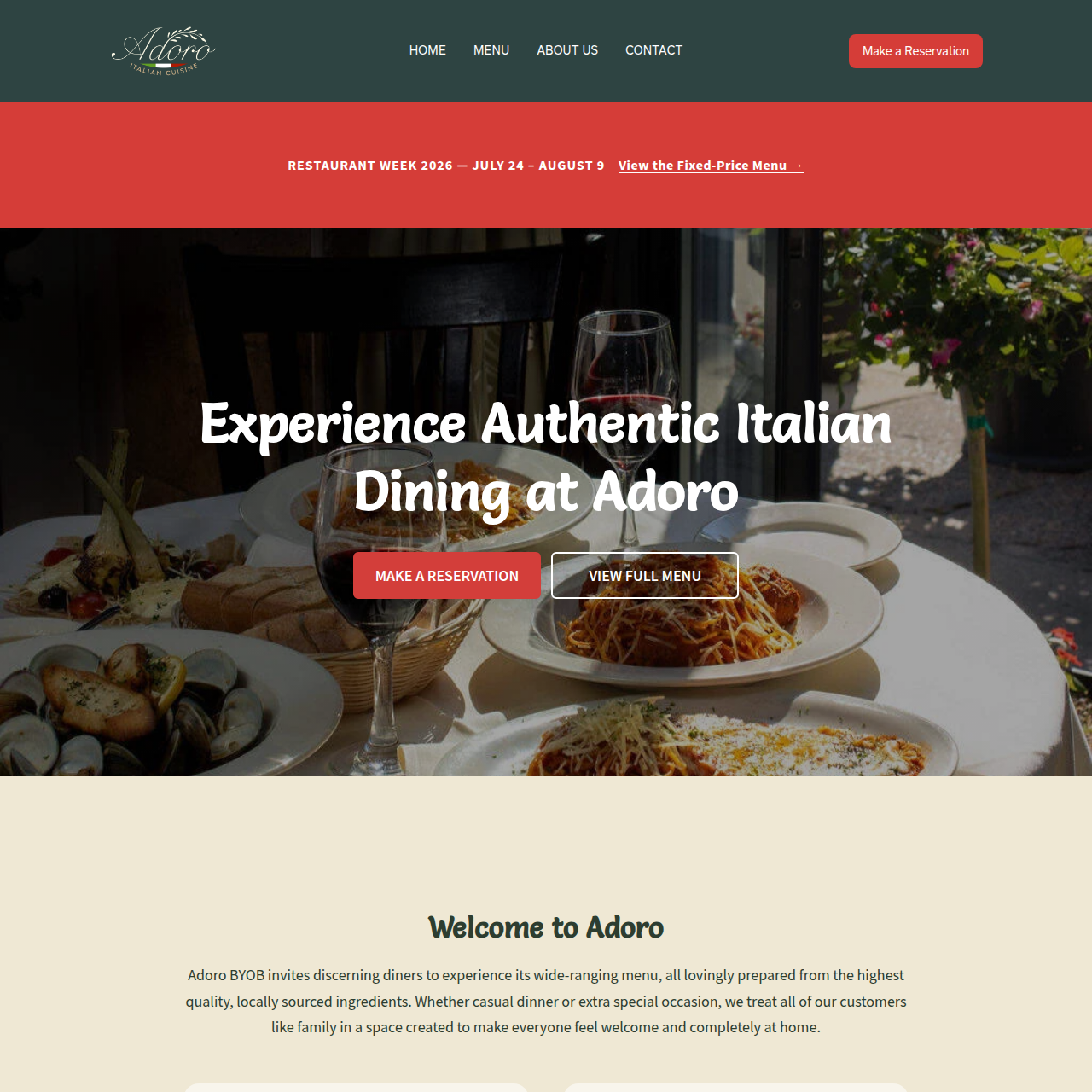 Adoro Bistro restaurant website homepage with menu and online reservation section.