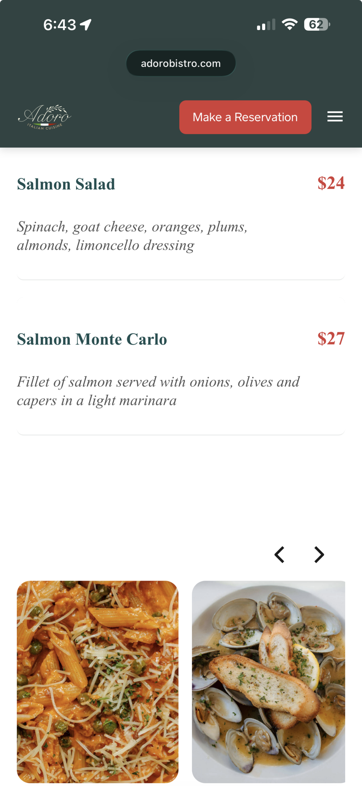 Adoro Bistro menu page on mobile.