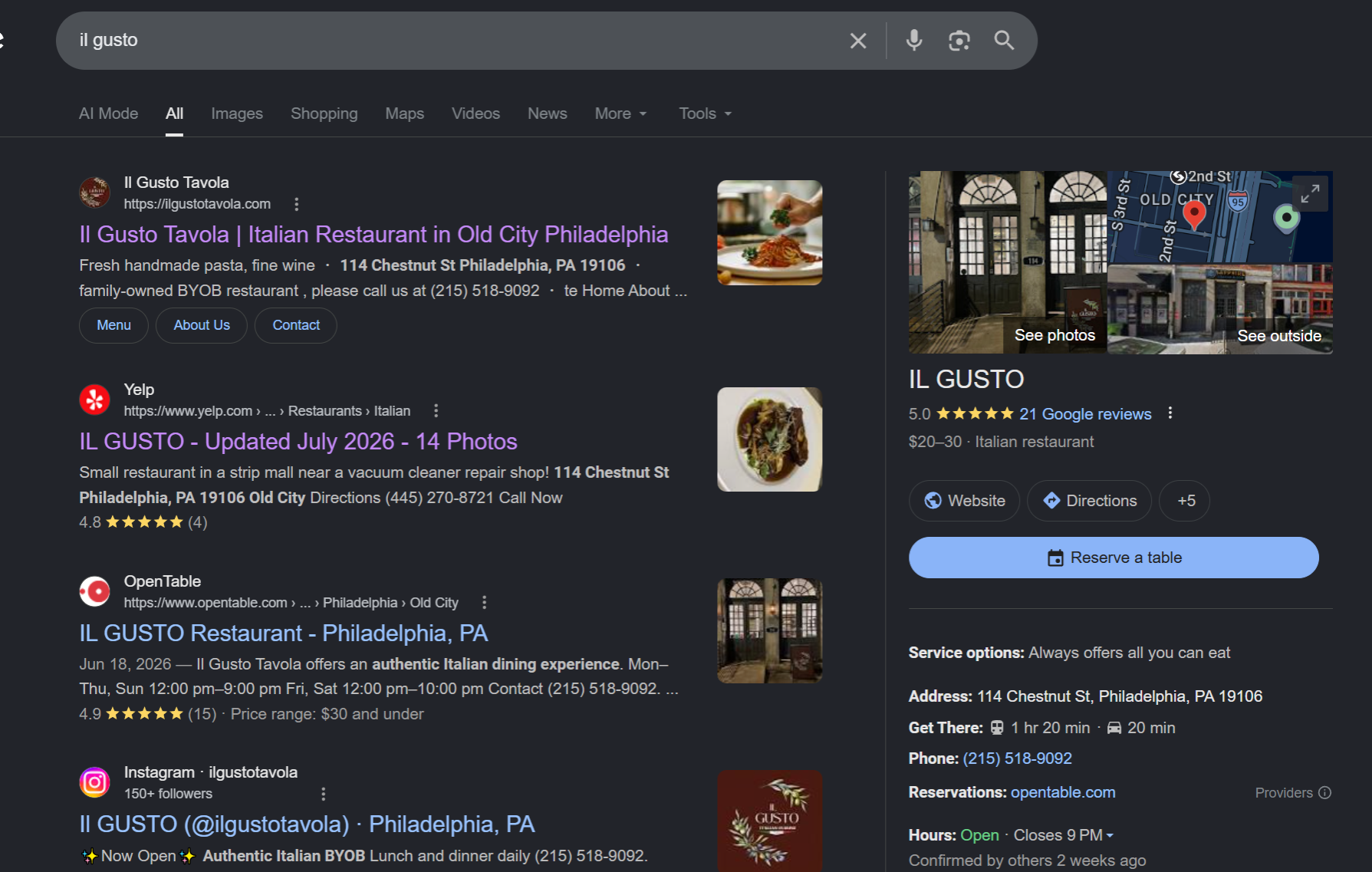 Google search results showing Il Gusto Tavola ranking first with a verified knowledge panel