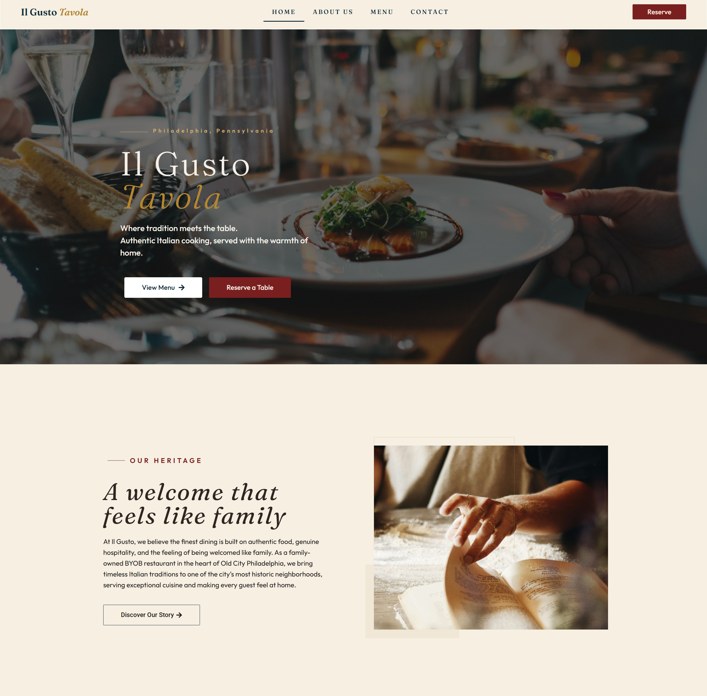 Il Gusto Tavola restaurant homepage showing the hero section and heritage story.