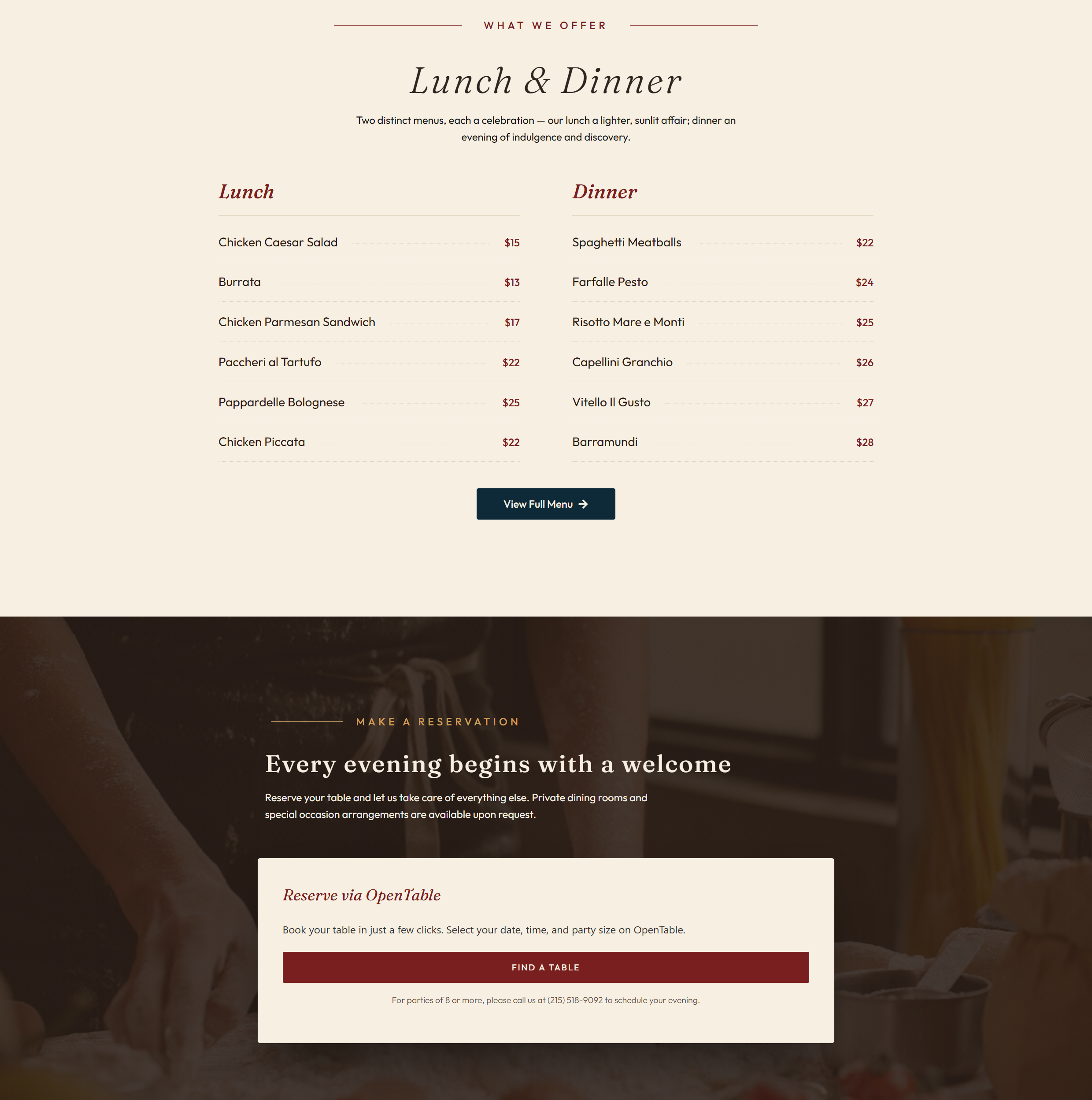 Desktop view of the Il Gusto menu and reservation sections