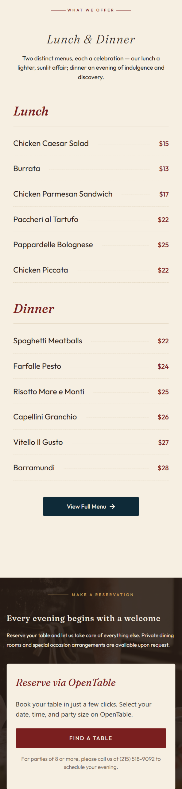 Il Gusto Tavola on mobile, scrolling from the menu to the reservation step
