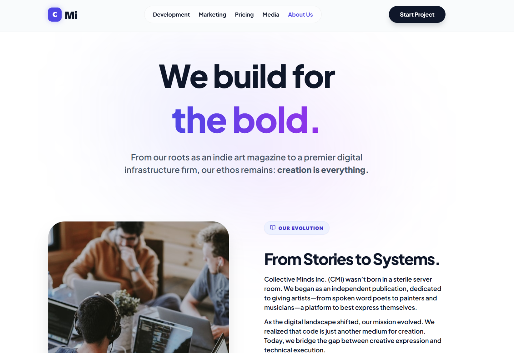 Redesigned About page hero reading We build for the bold
