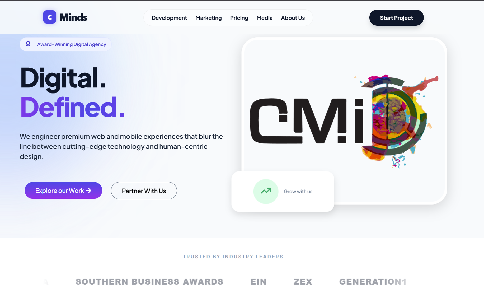 Collective Minds agency homepage after the rebrand, showing the Digital. Defined. hero and new navigation.