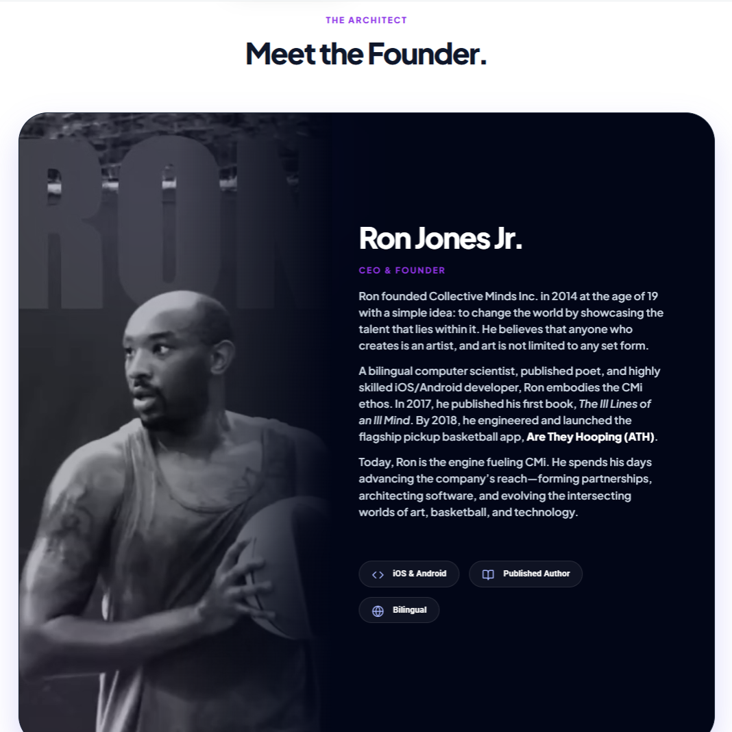 Redesigned Meet the Founder section with credential highlights