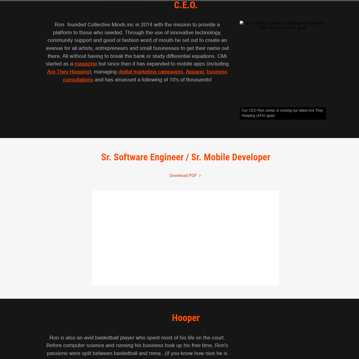 Legacy CEO page with poem, basketball biography, and embedded resume