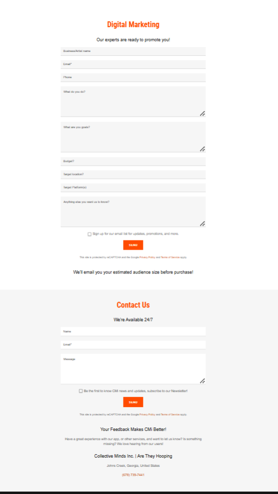 Legacy contact page with the marketing intake form buried below unrelated content