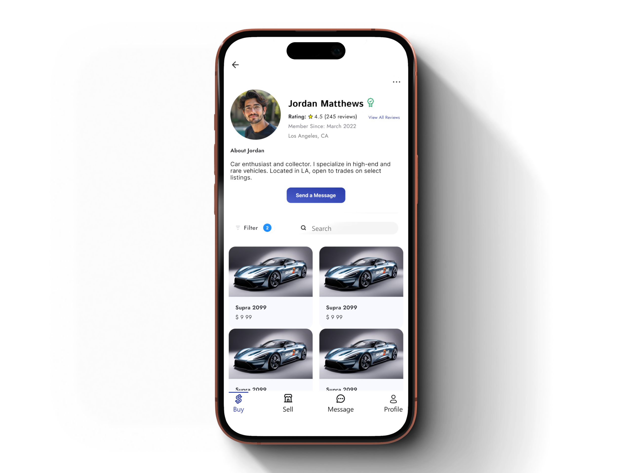 Secure2Go seller profile screen showing a verified seller, rating, and marketplace listings.